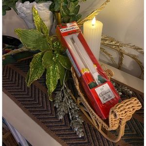 NEW Vintage In Box==2 “Trio of Burning Candles/Holly” 10” Taper Candles